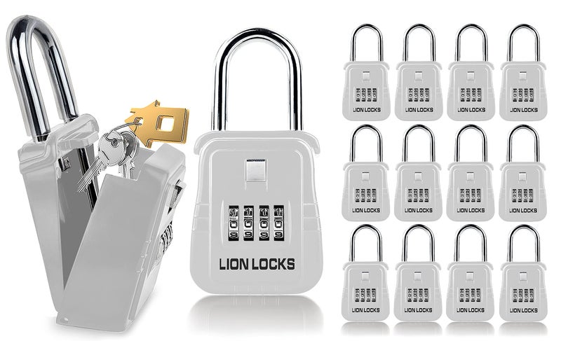 Lion Locks صندوق قفل مفتاح Lion Locks 1500 مع رمز، صندوق قفل للمفاتيح في الهواء الطلق، صندوق قفل السمسار للإيجارات قصيرة المدى، يحمل 5 مفاتيح (12 حزمة، أبيض) - Image 1